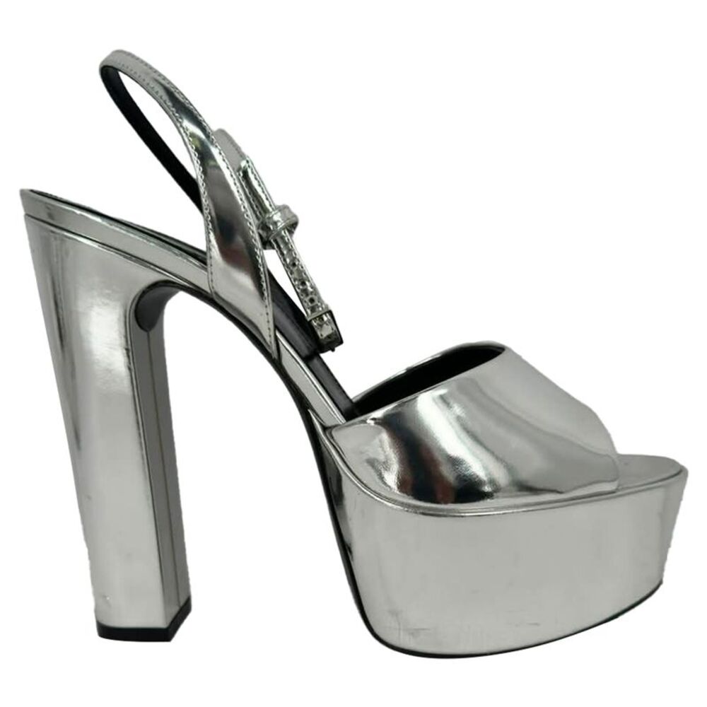 Saint Laurent Jodie Platform Sandals in Metallic Silver Patent Leather